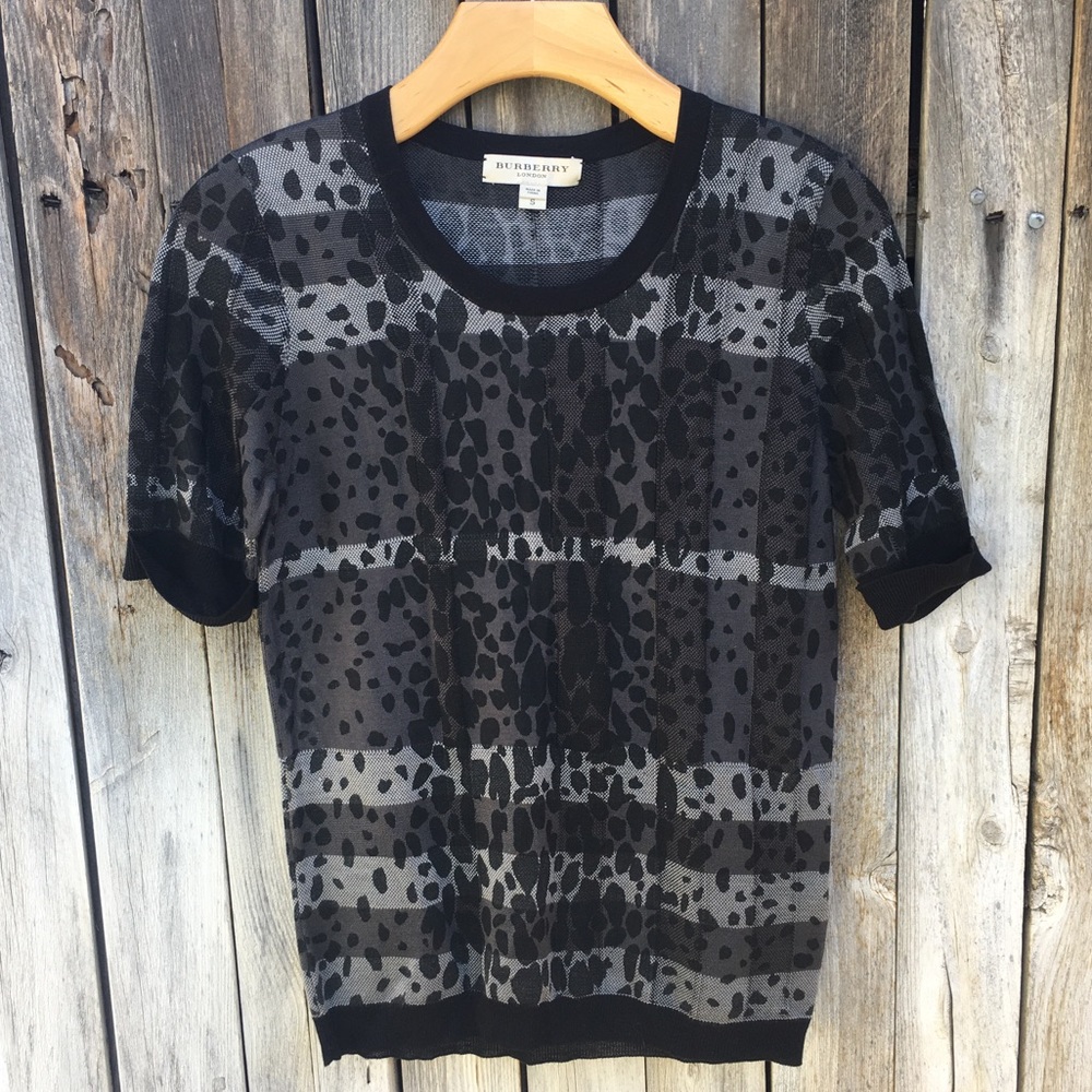 Burberry Plaid Leopard Silk Sweater Top Grey Black S